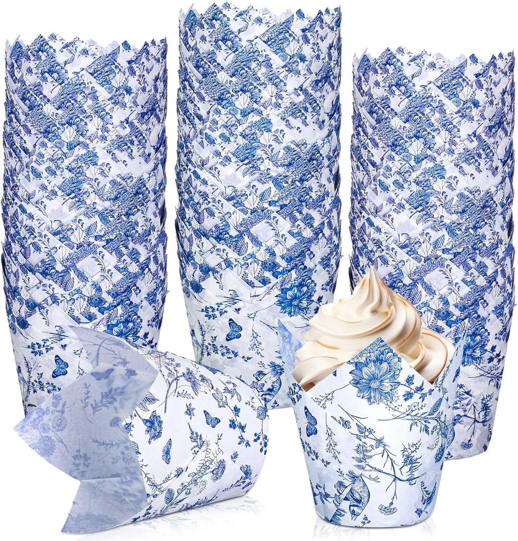 Whaline 200Pcs Blue White Floral Cupcake Liners Chinoiserie Toile Muffin Baking Liners Vintage Flower Tulip Cupcake Wrappers Baking Cup for Bridal Baby Shower Wedding Birthday Tea Party Decor