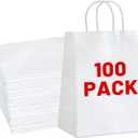 Gift Bags 8.25"x5.9 "x3.15" 100Pcs White Kraft Paper Bag with Handles for Small Business Christmas Bulk, Wedding, Party Favor, Shopping, Lunch, Halloween Trick-or-Treat Bags