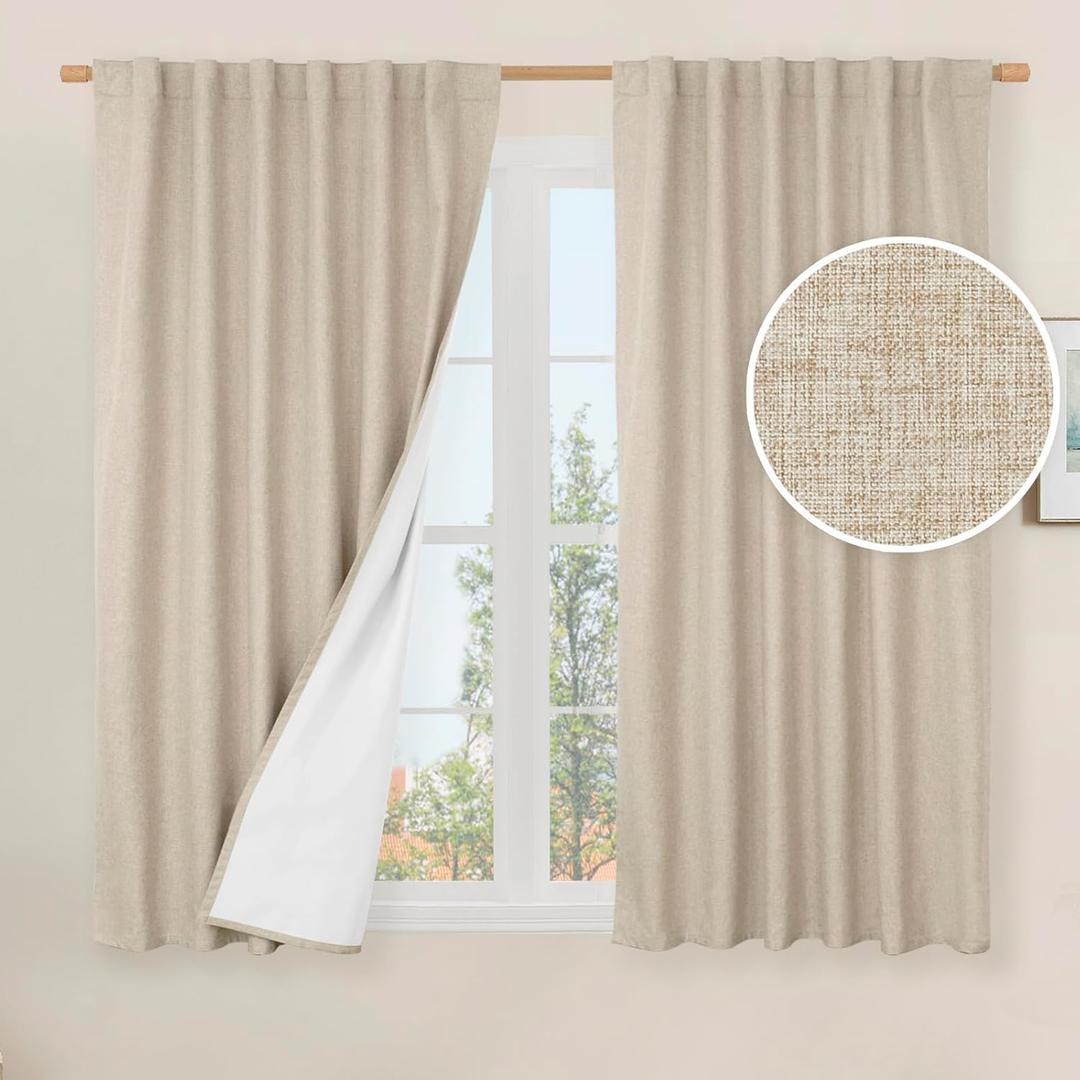 LAMIT 100% Blackout Window Curtains for Bedroom, 45 Inches Linen Textured Thermal Farmhouse Curtains Back Tab and Rod Pocket Window Panels with White Liner, 2 Panels, 52 x 45 Inch, Linen