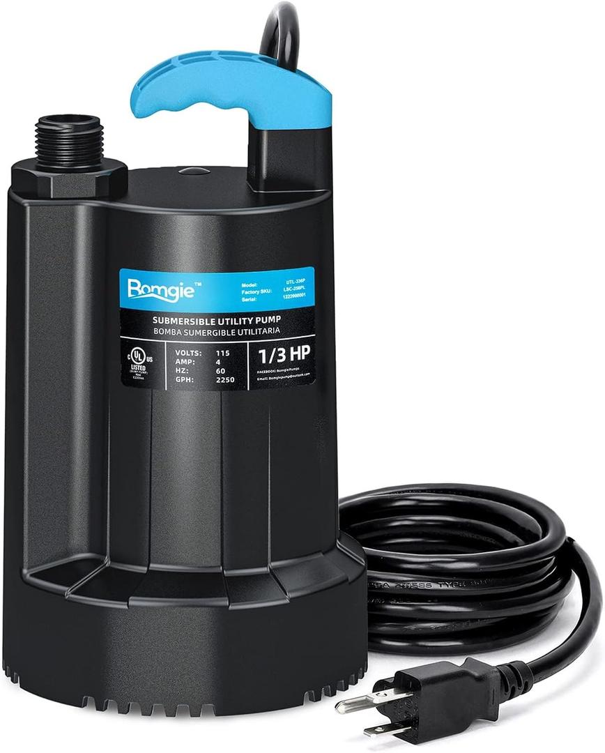 1/3 HP Submersible Water Pump, 2250GPH Thermoplastic Sump Pump Basement Portable Electric Utility Water Pump Removal for Pool Draining Basement Hot Tubs Garden Pool Cover Pond