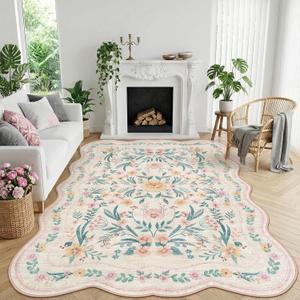 7x9 Pink Rug for Living Room, Scalloped Floral Rug for Girls Dorm, Washable Rugs Soft Low Pile Non Slip Rugs for Nursery College Bedroom Decor Kids Room Playroom