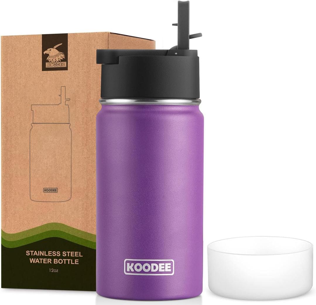 koodee Small Water Bottle for Girls -12 oz Stainless Steel Double Wall Vacuum Insulated Water Bottle for Kids School- Wide Mouth Sports Flask with Leak Proof Straw Lid (Purple)