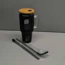 Glass Tumbler with Straw and Lid, 40 oz glass cup with handle, Glass Water Bottles with Time Marker, Silicone Protective Sleeve-Black