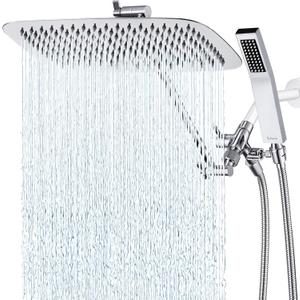 G-Promise All Metal 14 Inch Dual Square Shower Head with Handheld Spray Combo, Rain Shower Head, Adjustable Extension Arm, 3-Way Diverter, 71 Inch Extra Long Hose - A Bathroom Upgrade (Chrome)