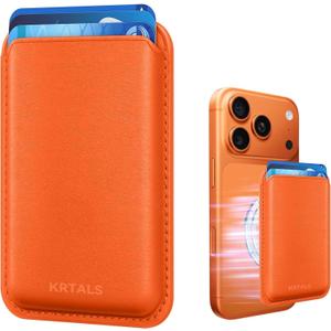 Stronger Magnetic RFID Leather Mag-Safe Card Holder for iPhone 15 Series, Mag-Safe Accessories Stick on Series of iPhone 17/16/15/14/13/12 and Pro/Promax, Orange