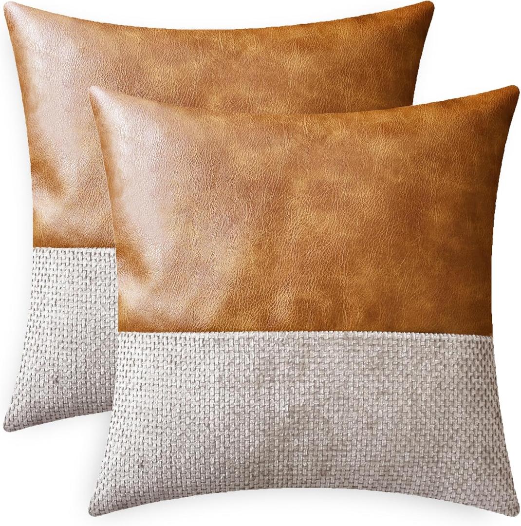CaliTime Throw Pillow Covers Pack of 2 Soft Faux Leather Solid Dyed Cross Chenille Cushion Cases for Couch Sofa Home Decoration 18 X 18 Inches Taupe