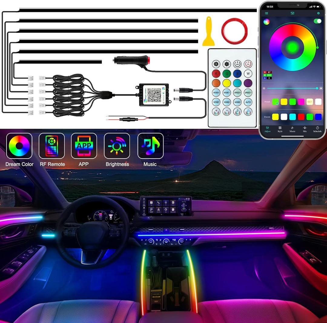 Interior Car LED Strip Lights, Acrylic LED Lights for Car with Dynamic Dreamcolor Chasing, Ambient Lighting Kits Music Sync Wireless APP and RF Remote Control (6 in 1) (6 pieces (dimensions not specified))