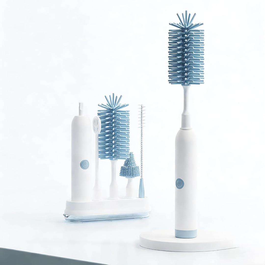 Rechargeable Electric Bottle Brush with Stand - 360 Spin Silicone Cleaner for Baby Bottles, Breast Pumps & Small Household Containers (Sea Blue)