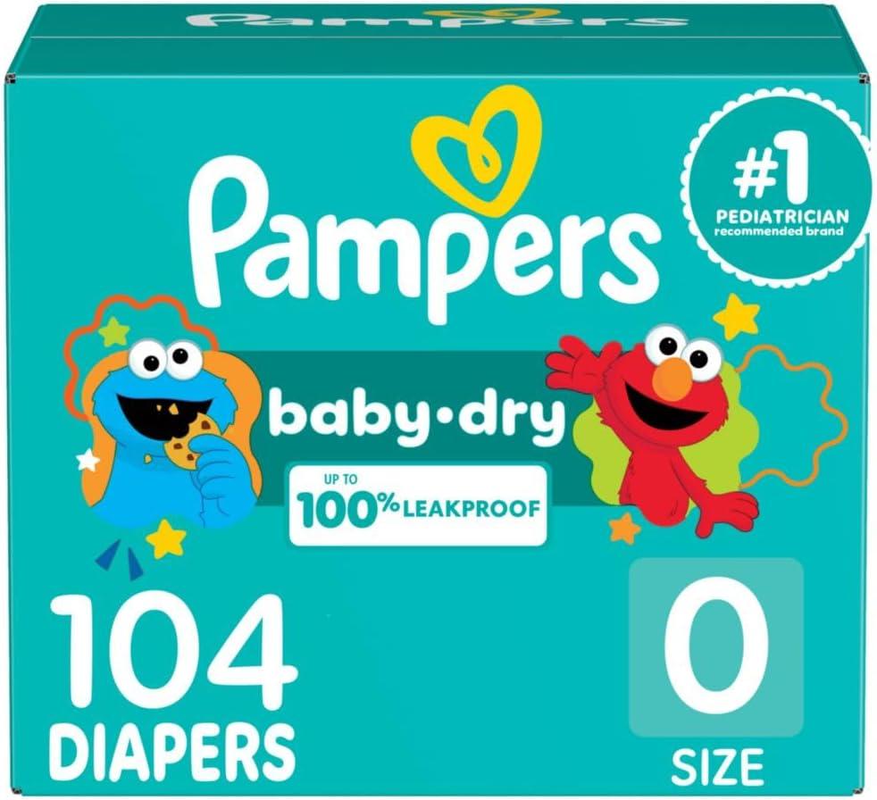 Pampers Diapers - Baby Dry - Size 0, 104 Count, Absorbent Disposable Newbort Diaper (Packaging May Vary) (Newborn)