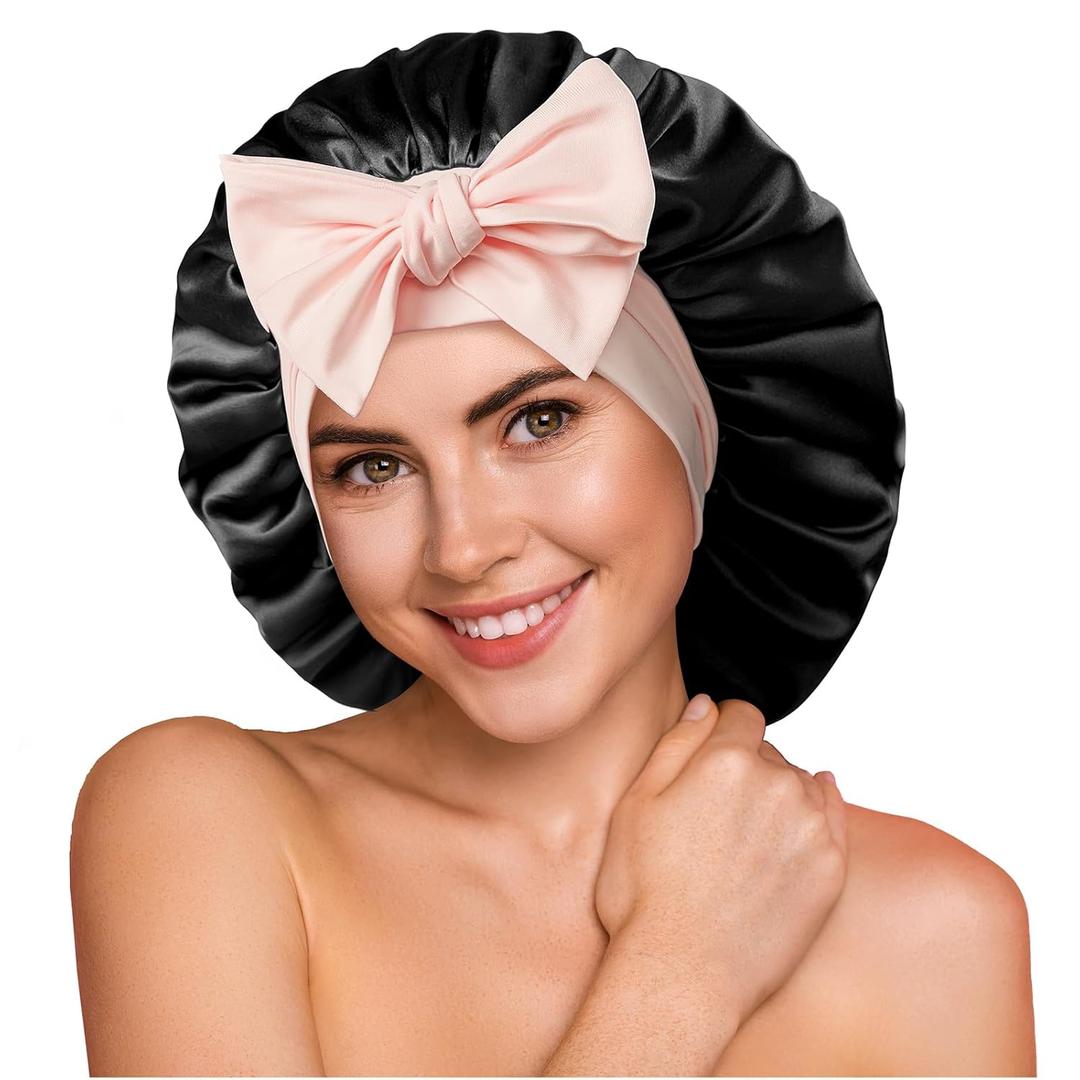 YFONG 100% 22 Momme Mulberry Silk Bonnet for Sleeping Women, Larger Double Layer Silk Hair Wrap for Curly Short Long Hair, Non-Slip Sleep Cap Turban with Elastic Tie Band (Pink & Black)