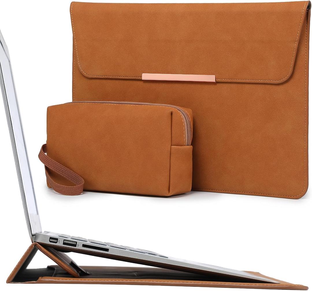 HYZUO 15 Inch Laptop Sleeve Case with Stand Feature for MacBook Air 15 M4 A3241 M3 A3114 M2 A2941 2025-2023, MacBook Pro 15, 15" Surface Laptop 7/6/5/4/3, with Carrying Pouch, Brown(Smiley)
