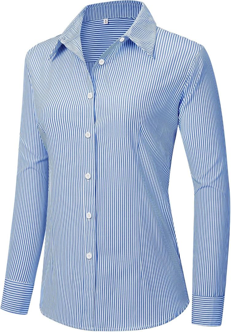 siliteelon Striped Button Down Shirts for Women Dress Shirts Long Sleeve Collared Casual Office Work Blouses Tops (Blue, S)