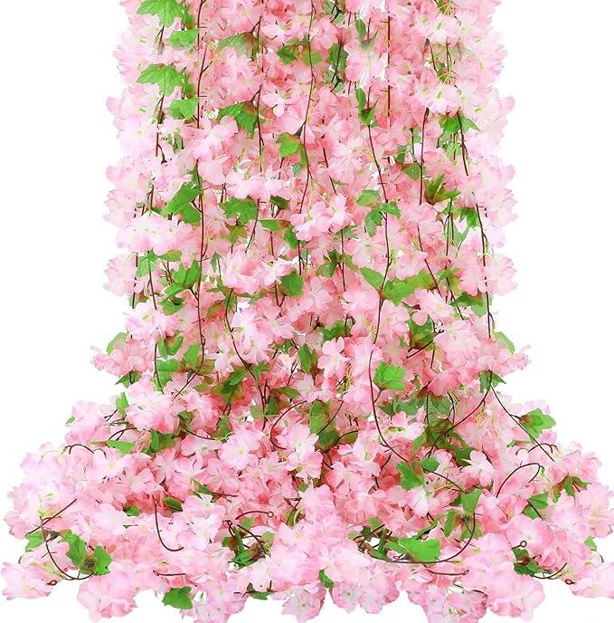 6Pcs 50.5FT Artificial Cherry Blossom & Grape Leaf Garland Set – Silk Pink Cherry Blossom Vines with Greenery for Wedding, Party, Home, and Spring/Summer Decor