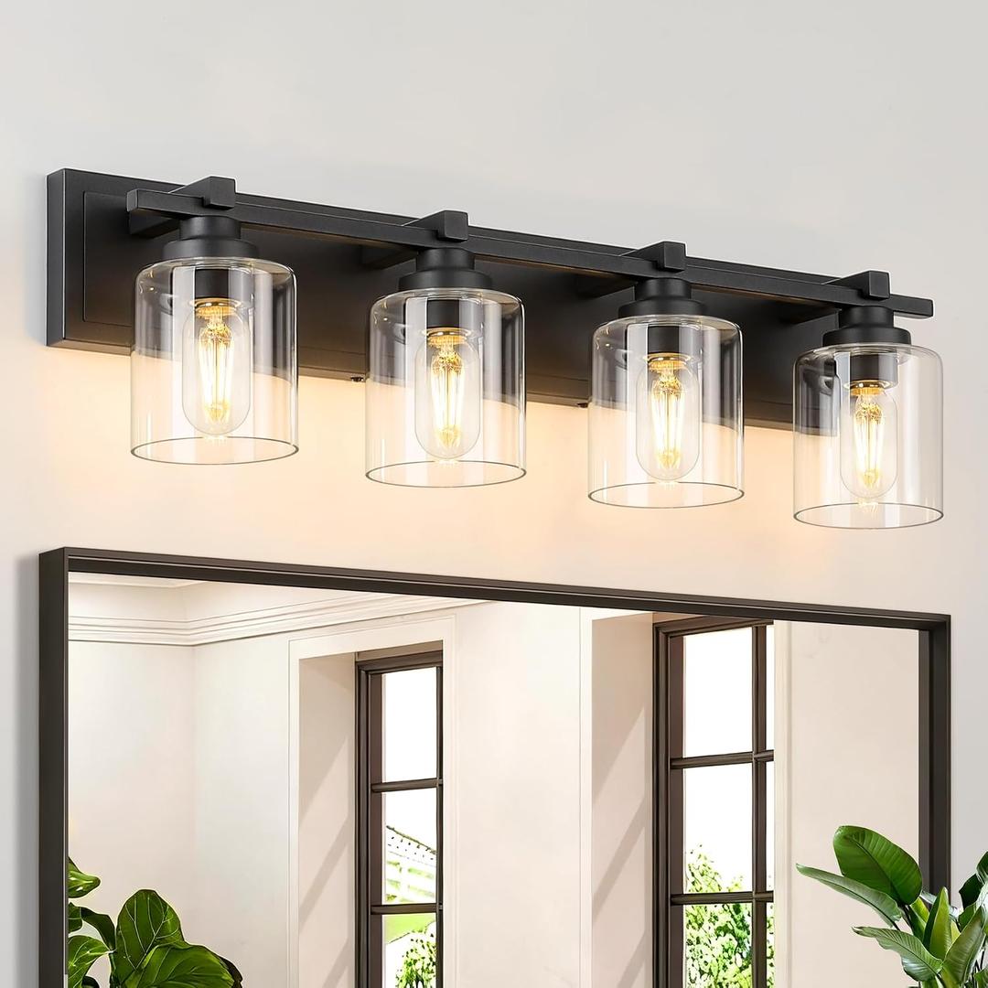 Modern Bathroom Light Fixtures Over Mirror, Vanity Lights for Bathroom Wall Sconces with Clear Glass Shades, E26 Socket (Bulbs Not Included), 4 Light, Black