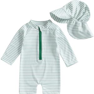 Baby Boys Swimsuit Onepiece Striped Zipper Swimwear Baby Toddler Girls Bathing Suit Rash Guard Swimming Sunsuit (Green, 3-6 Months), 90