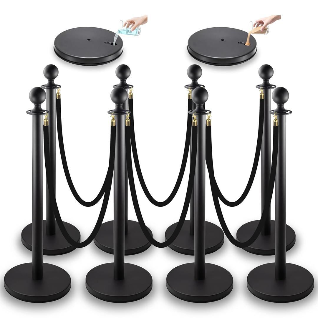 Stanchions with Velvet Ropes Set, 5 ft Velvet Ropes and Posts, Stainless Steel Barriers for Crowd Control Barriers, Party Supplies, Exhibition (Black-8pcs)