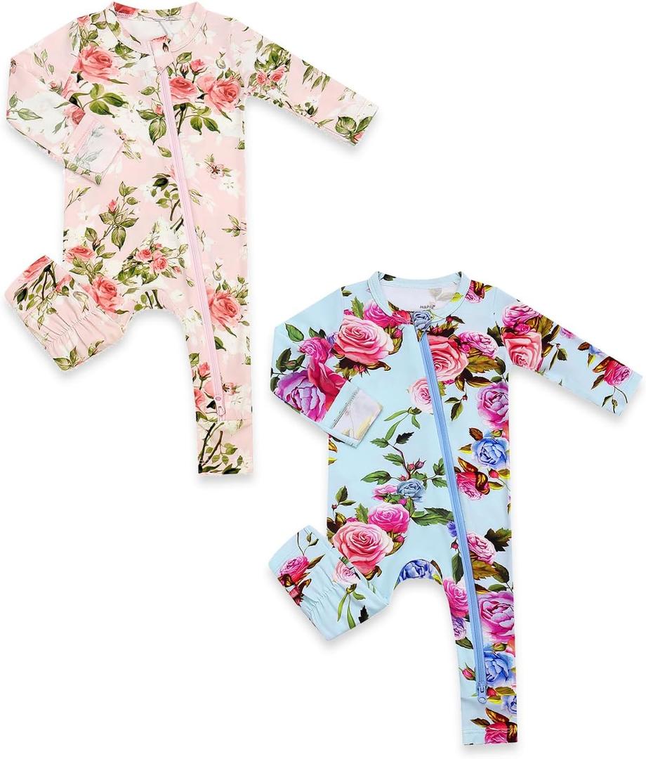 HAPIU Unisex Rayon Made from Bamboo Baby Rompers with Cuffs, 2 Way Zipper YKK, Footless Pajamas Jumpsuit (0-3 Months, Grasse Rose & Country Garden)