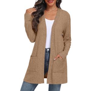 QIXING Women's Sweater Cardigan Open Front Lightweight Cardigan Long Sleeve Cardigans with Pockets (Brown) 4XL