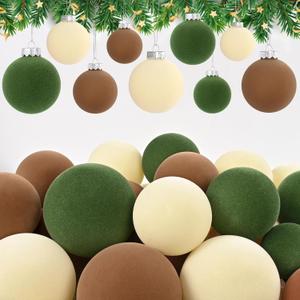 Waipfaru Christmas Tree Decorations, Velvet Christmas Ornaments Balls Set, Brown Green Neutral Farmhouse Christmas Decor, Flocked Christmas Ornaments for Xmas Holiday Party Decorations(45 Pcs) (Brown, Green, Beige)
