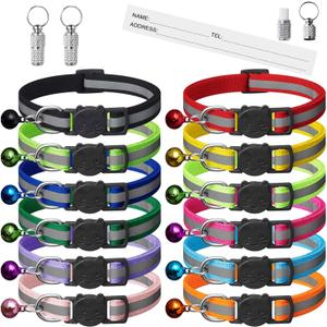 12 Pack Reflective-Breakaway Cat Collars with Bells,Safety Buckle Kitten Collar, with Name Tag, Adjustable,Ideal for Girl Cats Male Cats,Pet Supplies,Stuff,Accessories(12 Colors & 2 ID Tags)