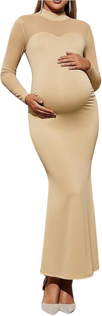 OYOANGLE Women's Maternity Dress Mock Neck Long Sleeve Bodycon Fishtail Maxi Dresses (Beige, M)