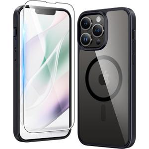 FNTCASE for iPhone 13 Pro Case: Clear Magnetic Phone Cases with Screen Protector Compatible with Magsafe Slim Anti Yellowing Rugged Shockproof Protective Transparent Cell Phone Cover (B-Black)