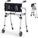 Walkers for Seniors with Seat, Lightweight Folding Space Saver Mobility Rolling Walker, Height Adjustable Standard Walker with Aluminum Frame, 5-inch Wheels, Compact Travel Walker (Silver)