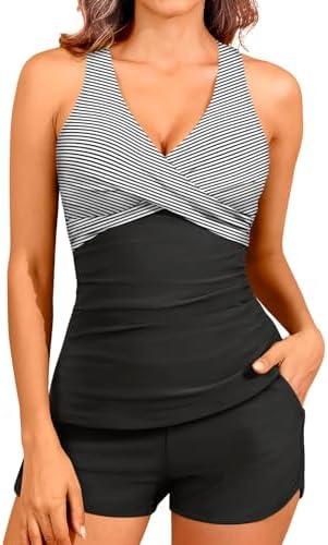 Women Tankini Swimsuits with Shorts - Two Piece Tummy Control Bathing Suits Top with Two Pockets Bottom Swimwear, L