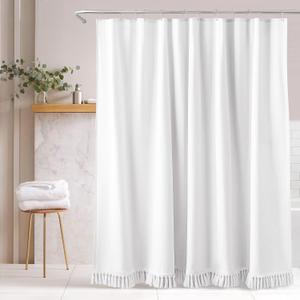 White Linen Shower Curtain with Tassels, Cloth Textured Fabric Shower Curtain, Modern Farmhouse Country Bath Curtains for Bathroom,72x72