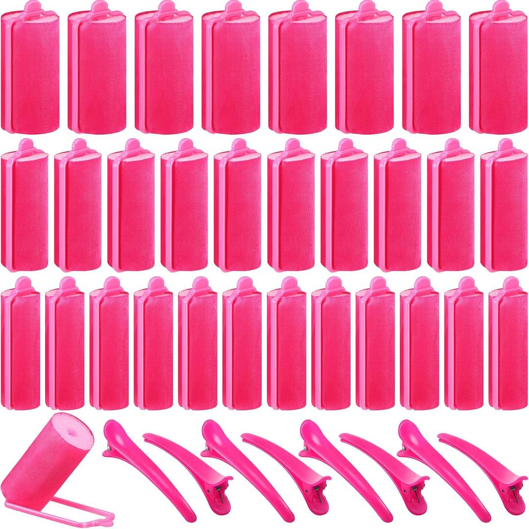 40 Pieces Sponge Hair Rollers Satin Rollers Silk Foam Rollers Women Hair Curlers with Duck Teeth Clips for Hairdressing Styling (Rose Red)