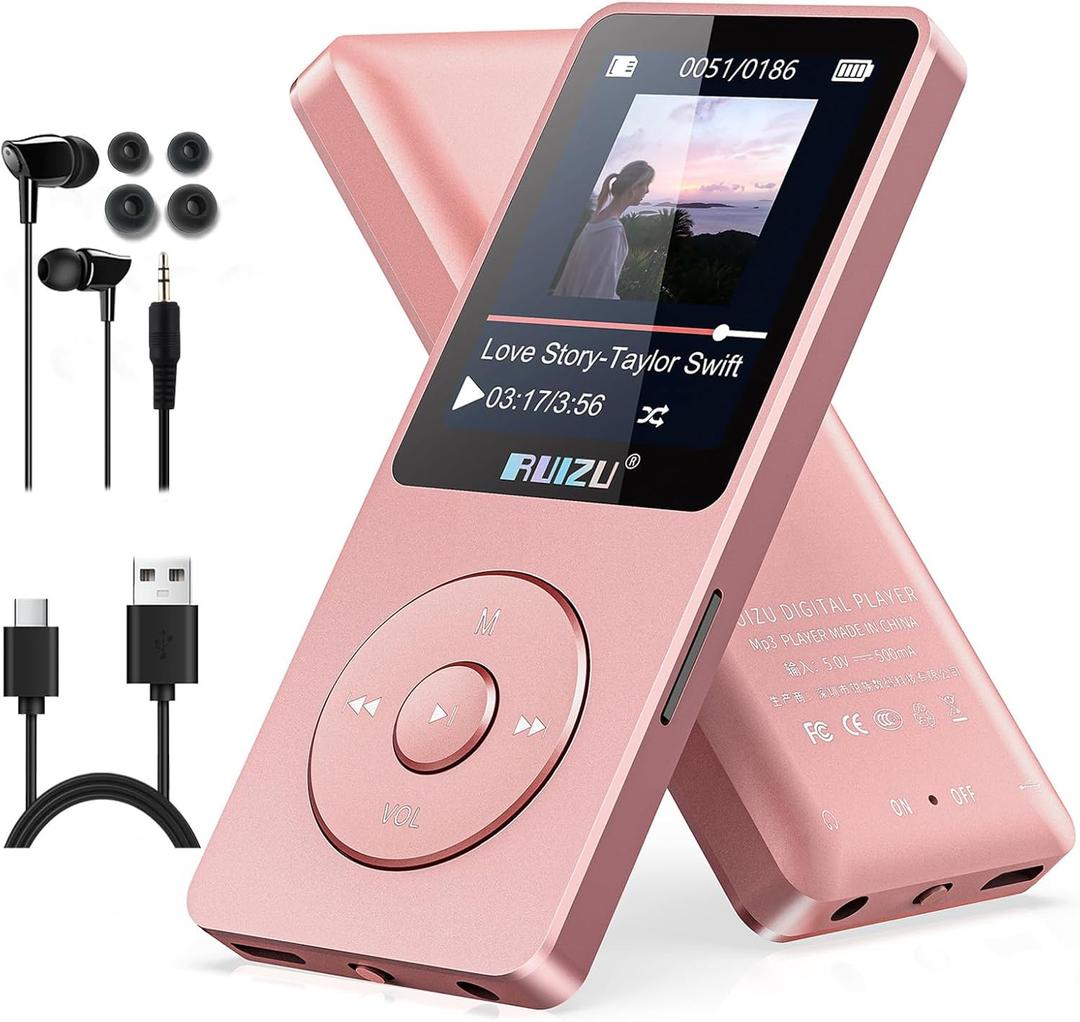RUIZU 64GB MP3 Player with Bluetooth 5.3, 1.8" Screen Portable Music Player, FM Radio, Voice Recording, EBook, Shuffle Single Loop, 80H Digital Audio Video Playback, Lightweight, Support 128GB TF Card (Pink)