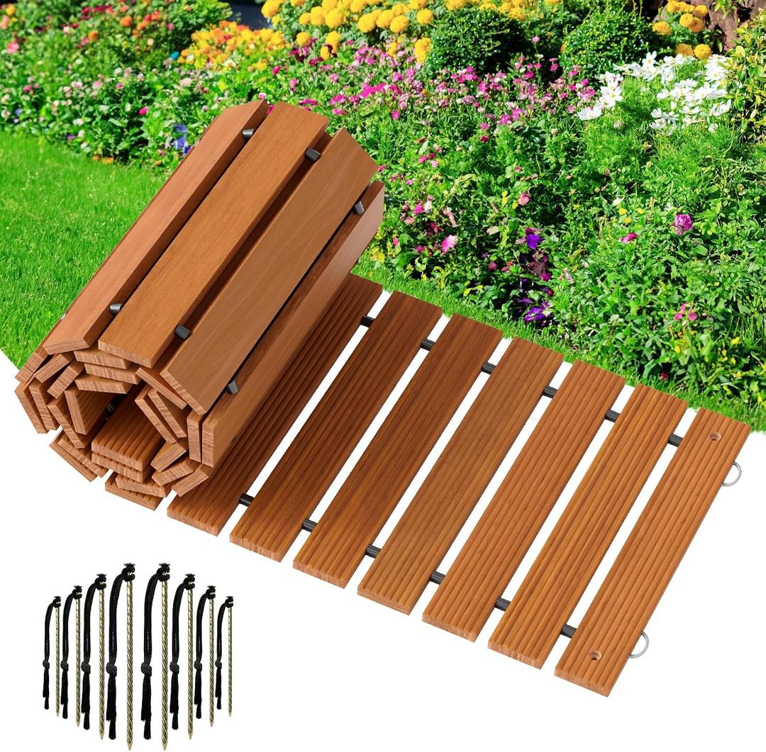 Amazer Wooden Garden Pathway 8.5FT, Non-Slip Roll-Out Walkway Pavers with Steel Wire & Ground Stakes for Garden/Backyard/Beach/Wedding (Natural Color)