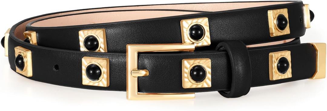 Studded Belt for Women Skinny Leather Belt Fashion Punk Thin Ladies Belt for Jeans Pants Dresses (Fit Waist Size 27"-31", 02-Gold Black)