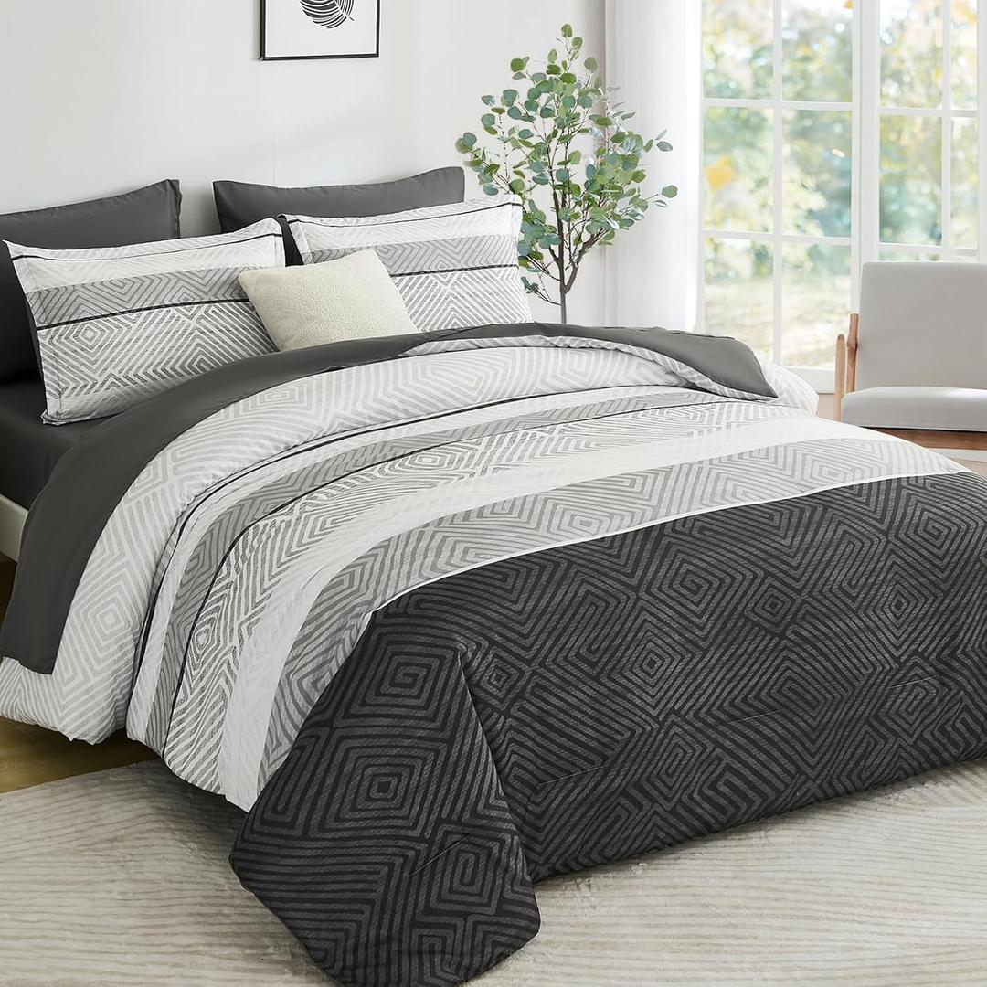 Drucon Black and Grey Comforter Set Queen Size 7 Piece Bed in a Bag, Boho Striped Bedding Set, Soft Microfiber Comforter and Sheet Set for All Season (Queen, 90"x90")