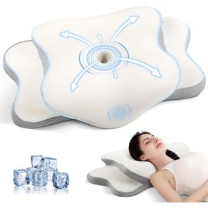 JINXIA Cervical Neck Pillow for Sleeping, Odorless Memory Foam Pillows & Soft Silk Cover, Ergonomic Orthopedic Pillow for Side Back Stomach Sleepers, Neck and Shoulder Pain Relief, White and Gray
