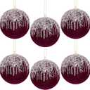 6PCS 4inch Burgundy Red Velvet Christmas Ball Ornaments Set, Glitter Shatterproof Christmas Tree Hanging Ornament Flocked Hanging Balls Xmas Wreath Garland Holiday Wedding Party