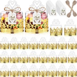 30 Sets Mini Crown Candy Boxes with Thank You Tags and Twine Plastic Candy Storage Boxes for Wedding Baby Shower Princess Birthday Party Supplies(Gold and Clear,Swan Style)