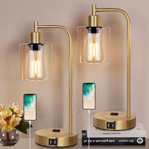 QiMH Set of 2 Industrial Touch Control Table Lamps with 2 USB Ports and 2 AC Outlets, 3-Way Dimmable Bedside Nightstand Reading Lamps with 2700K LED Bulbs, Glass Desk Lamp for Living Room,Bedroom (gold-2)