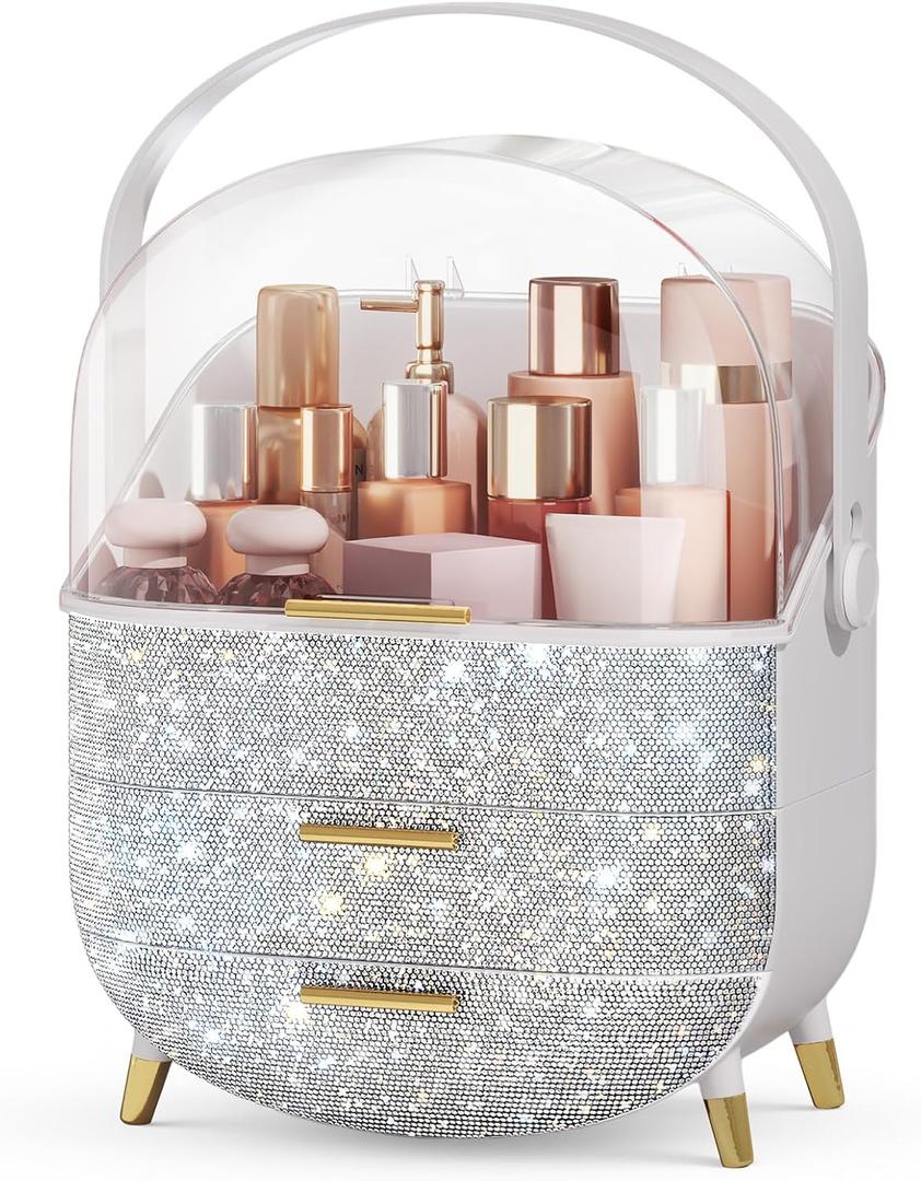 Bling Makeup Organizers, Cosmetic Display Case with Clear Cover, Vanity Makeup Organizers for Lipstick Perfume Lotion and Skincare, Silver Diamond