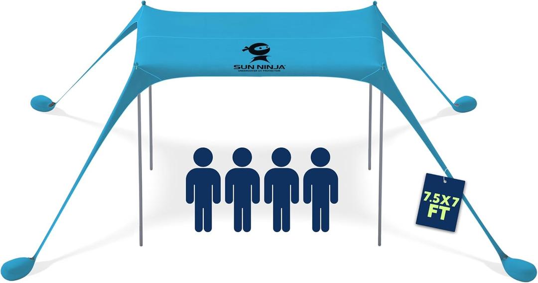 SUN NINJA Beach Tent Sun Shelter UPF50+ - Easy Pop Up Beach Canopy - Outdoor Shade for Camping Trips, Fishing, Backyard Fun Picnics - Sand Shovel, Ground Pegs & Stability Poles (7x7.5 FT 4 Pole, Turquoise)