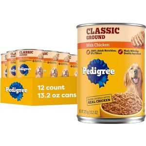 Pedigree Chopped Ground Dinner Wet Dog Food, Chicken, 13.2 oz, 12 Count 100% complete & balanced, slow cooked with real chicken, supports lean muscles, serve as topper or complete meal, (EXP 07/11/28)