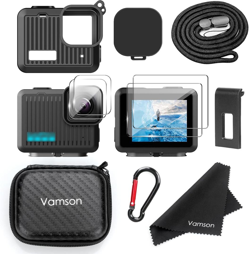 Silicone Protective Case for Go Pro Hero, with Mini Storage Case, Battery Side Cover, Tempered Glass Protectors Film, Lens Caps and Lanyard for Go Pro Hero 4K Action Camera Accessories Kit