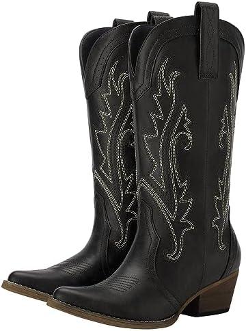 HISEA Rollda Cowboy Boots for Women Cowgirl Boots Ladies Western Embroidery Pointy Toe Size 7.5 Black