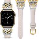 TOYOUTHS Leather Band Compatible with Apple Watch Bands Women 38/40/41/42mm Dressy Slim Thin Strap with Designer Interlock Buckle for iWatch Series 10/9/SE/8/7/6/5/4/3/2/1, Starlight/Gold&Silver