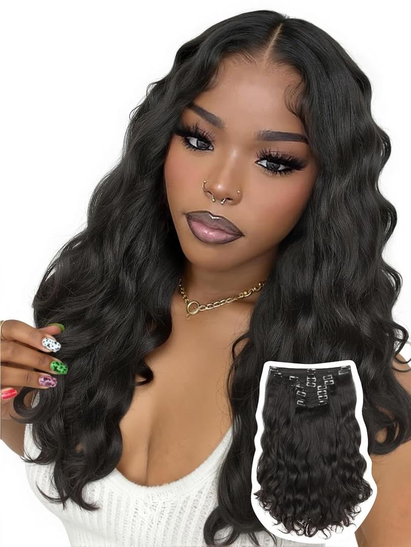 HANNE Yaki Curly Clip In Hair Extensions 8 Pcs Black 18 Inch Hair Pieces for Women Clip Ins Clip on Hair Extensions for Women (8PC-1B, 18-Inch)