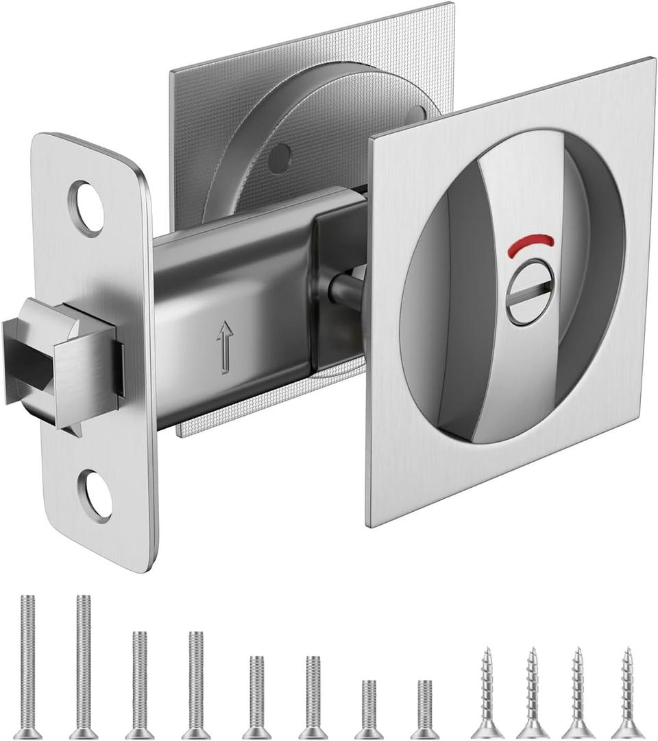 Square Pocket Door Lock with Indicator, 1 Pack Contemporary Privacy Pocket Door Hardware, 2-3/8" Non_Adjustable Backset for 1-3/5" to 2-1/8" Thickness Door, Brushed Nickel