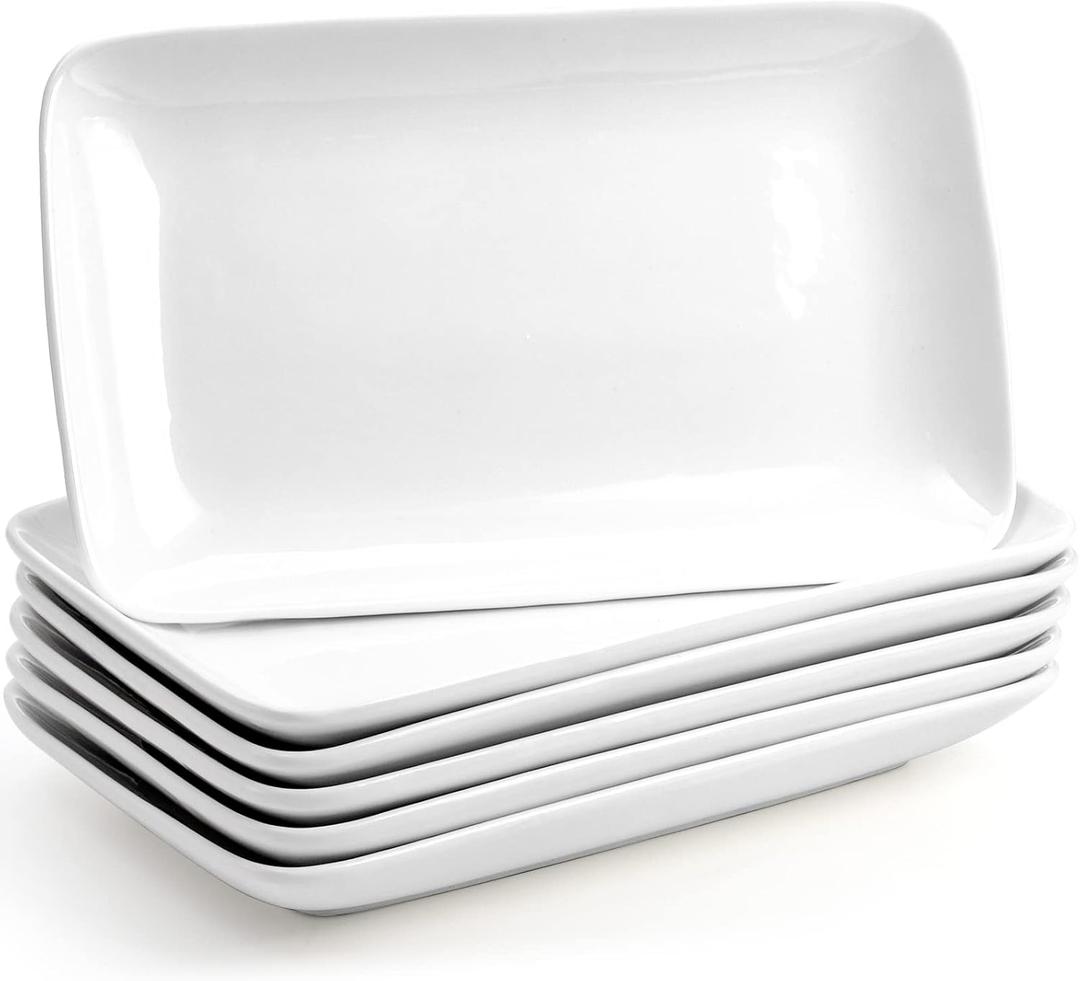 Foraineam Rectangular Salad Plates, 10 Inch White Porcelain Dessert Appetizer Plates Set, Dishwasher and Oven Safe Serving Platters for Sushi, Pasta, Fruit, Set of 6
