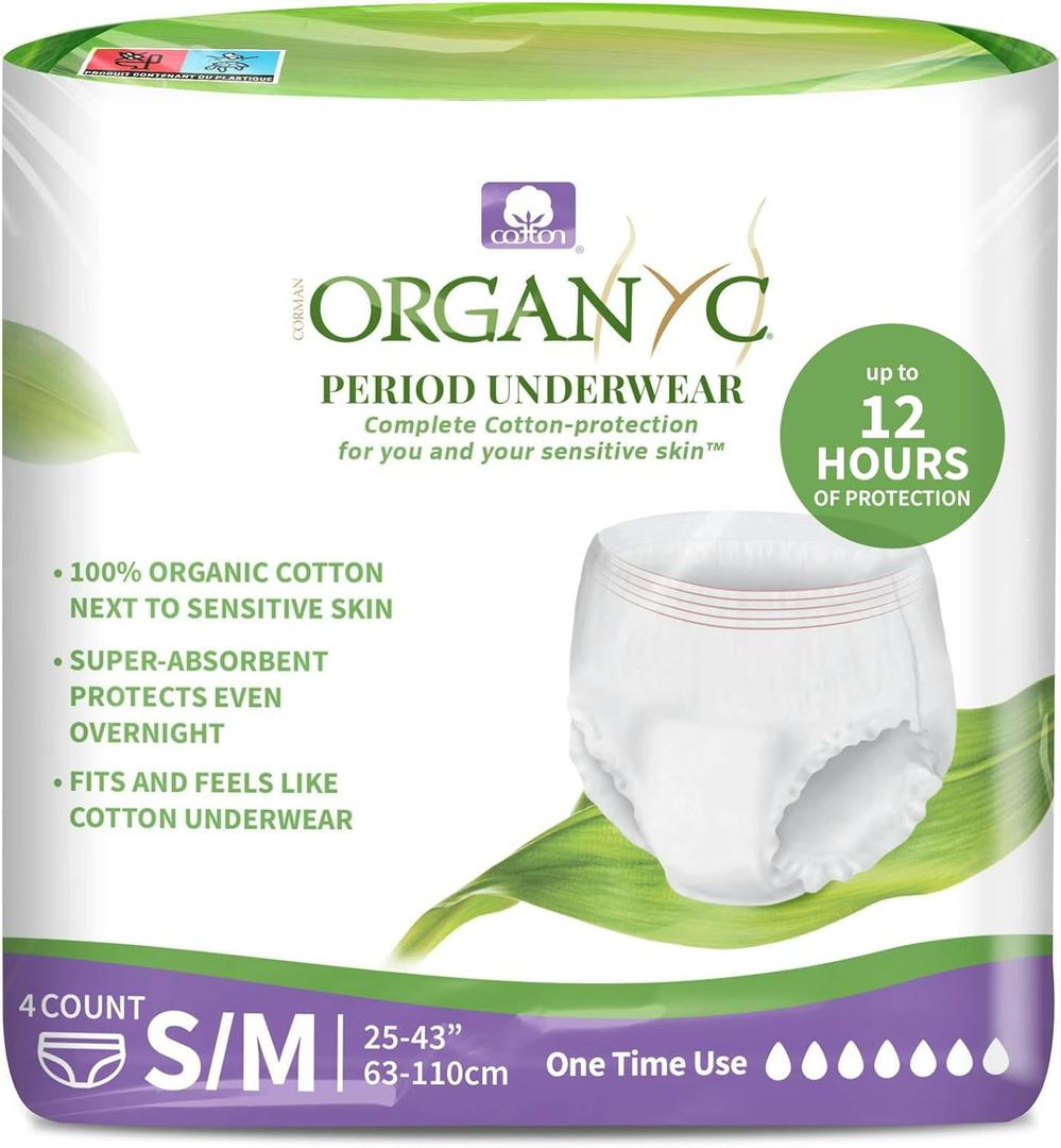 Organyc - Certified Organic Cotton Disposable Period Underwear for Sensitive Skin, Super Absorbent for Women, All-Day or Overnight, S/M, 4 Count