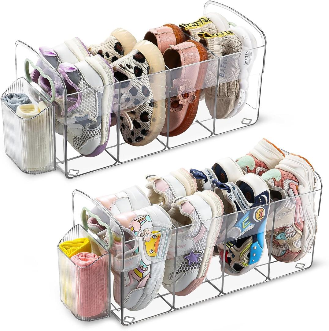 2 Pack Upgraded Kids Shoe Rack with 2Pack Socks Rack, Clear Acrylic Baby Shoe Organizer with Side Anti-Slip Baffle, 4 Sections Toddler Shoe Rack with Socks Storage for Closet Organizers