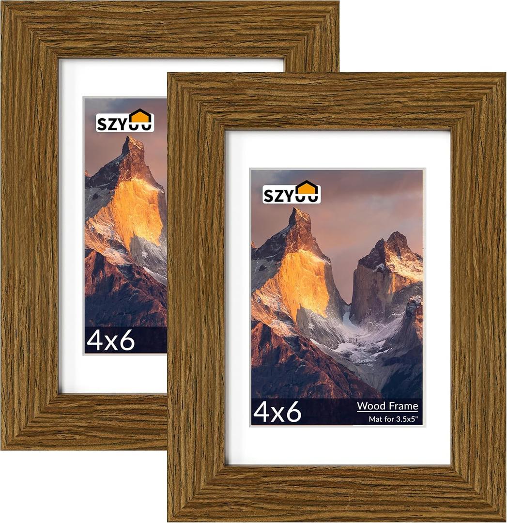4x6 Picture Frame Set of 2 - Wood Frame with Real Glass, Display 3.5x5 with Mat or 4x6 without Mat, Photo Frame for Wall or Tabletop Display(Rustic Brown)
